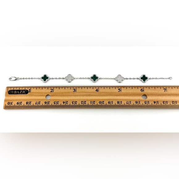 925 Solid Sterling Silver Luxury Green Malachite Clover Bracelet - Picture 8 of 9